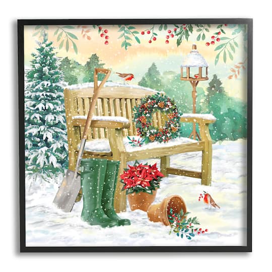 Stupell Industries Snowy Bench Seasonal Holly Plants Framed Giclee Art